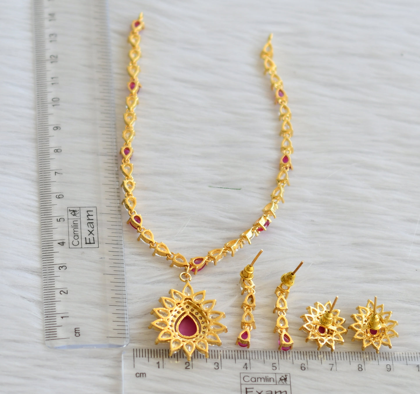 Gold tone cz ruby-white stone necklace set dj-45571