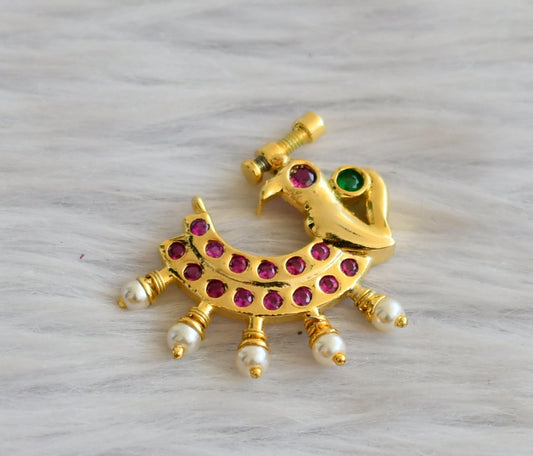 Gold tone ruby-green-pearl peacock nose pin dj-45586