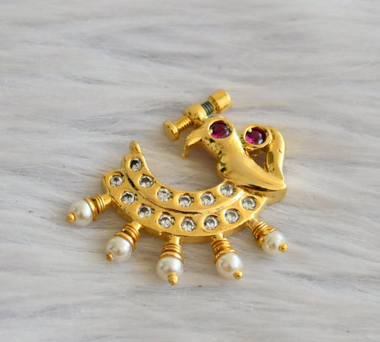 Gold tone ruby-white peacock nose pin dj-45584