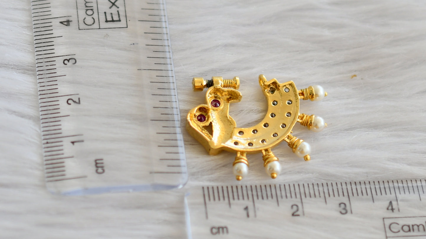 Gold tone ruby-white peacock nose pin dj-45584