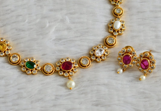 Matte finish cz navarathna stone flower necklace set dj-49085