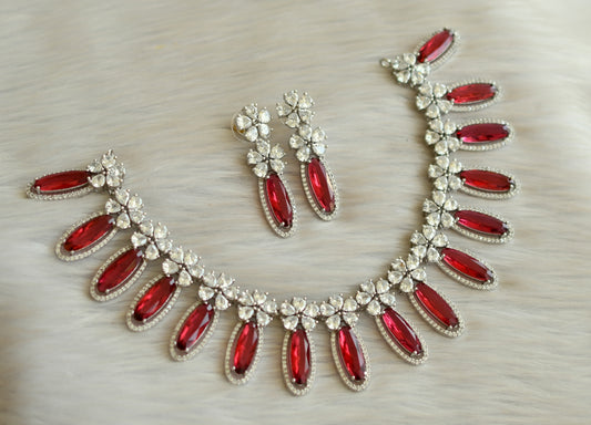 Silver tone cz magenta pink flower necklace set dj-28440