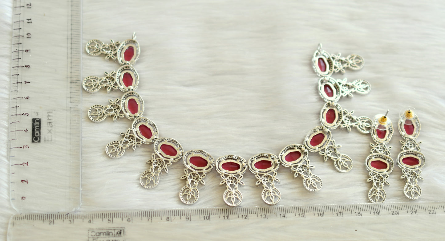 Silver tone cz magenta pink necklace set dj-28459