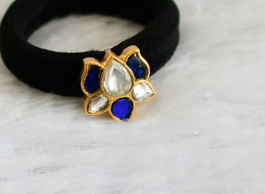 Matte finish blue-white kundan jadau lotus black hair band dj-47317