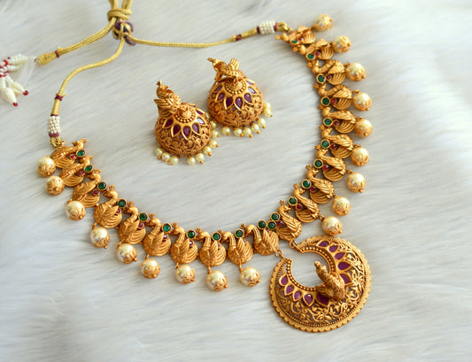 Matte finish ruby-emerald peacock necklace set dj-09230