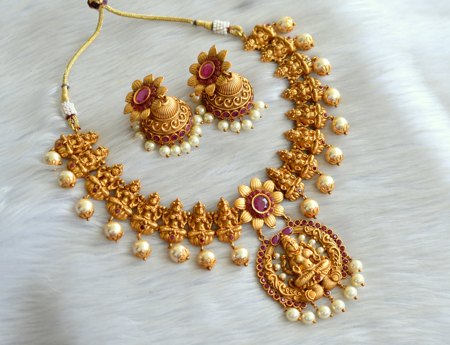 Matte finish ruby lakshmi necklace set dj-09232