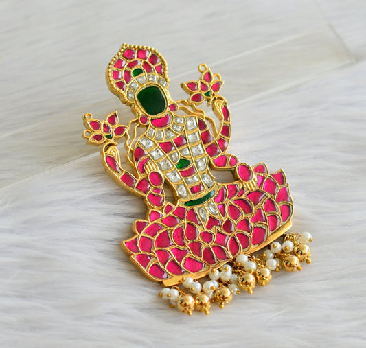 Gold tone pink-green-white kundan jadau maha lakshmi pendant dj-43915
