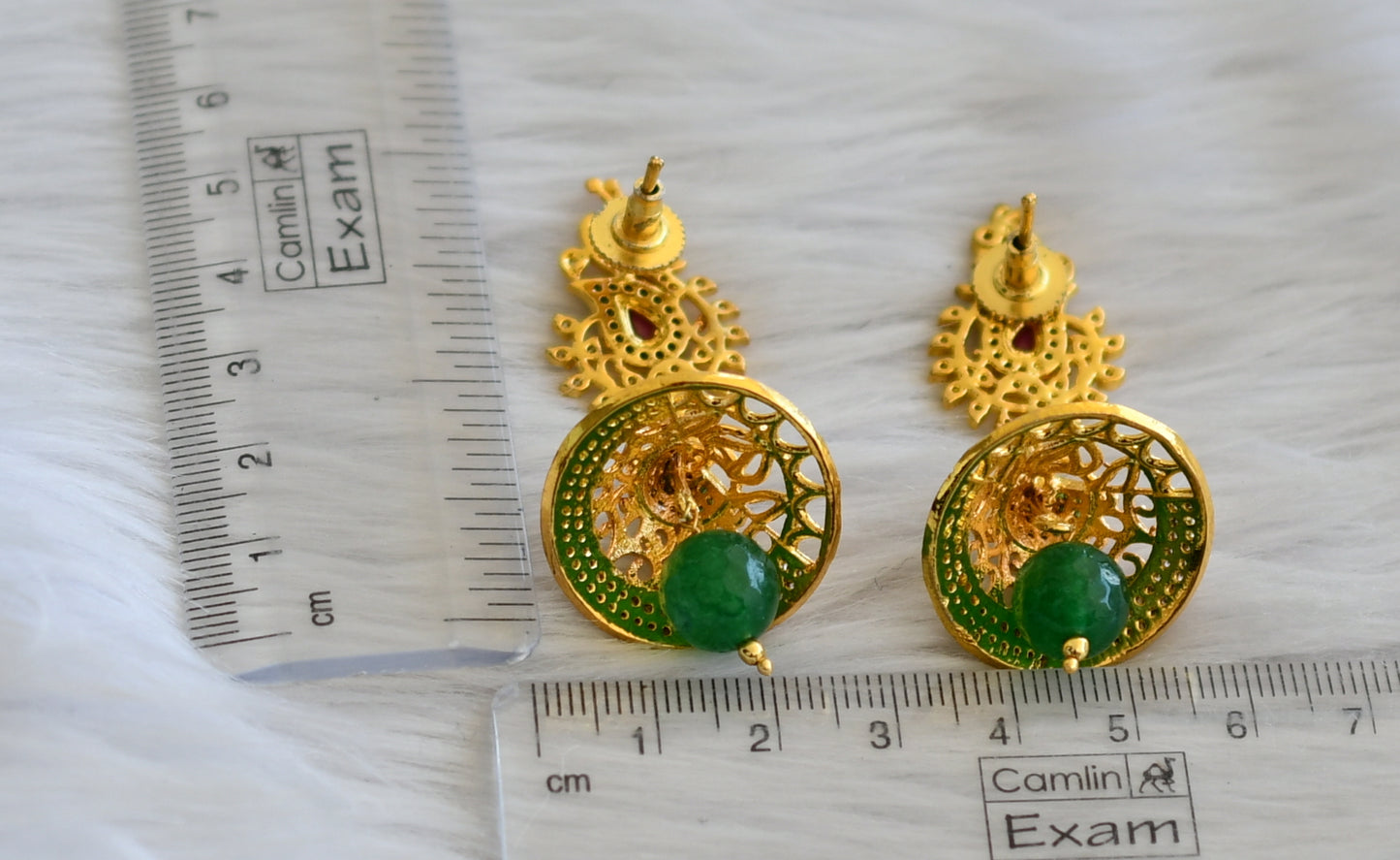 Gold tone ruby-green-white peacock-green beaded jhumkka dj-45621