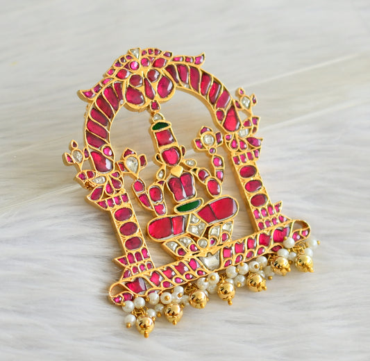 Gold tone pink-green-white kundan jadau mahalakshmi pendant dj-43914