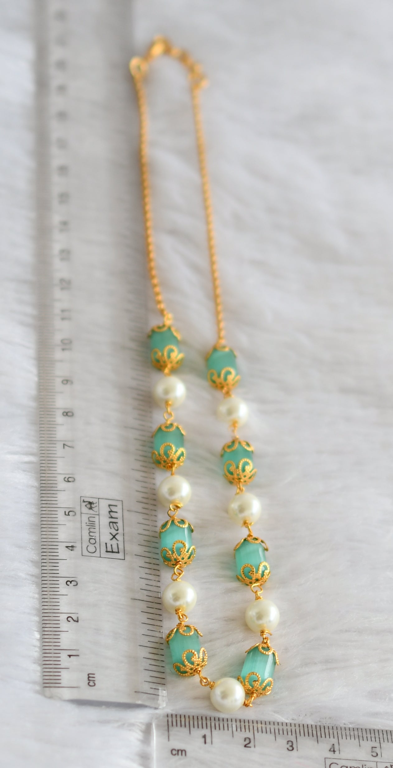 Gold tone sea green-pearl beaded mala/necklace dj-47347