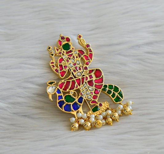 Gold tone pink-green-white-blue kundan jadau peacock Karthikeyan pendant dj-44217