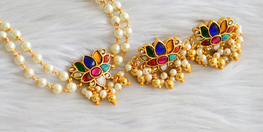 Gold tone navarathna kundan jadau lotus pearl choker necklace set dj-43931