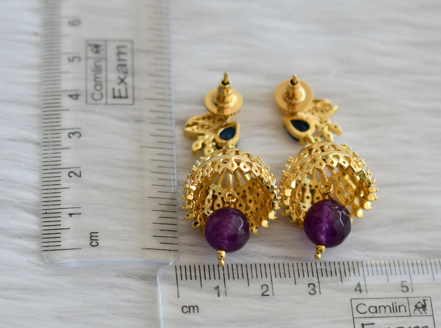 Gold tone cz white-blue-purple peacock jhumkka dj-45675