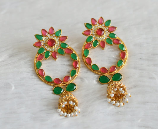 Gold Tone Ruby-emerald Flower Bali Jhumkka dj-09185