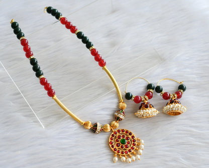 Gold tone handmade red-green beaded temple necklace set dj-04015