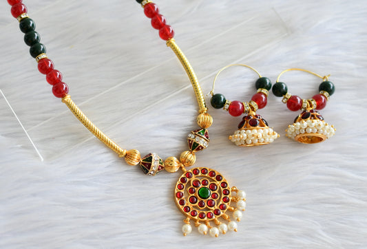 Gold tone handmade red-green beaded temple necklace set dj-04015