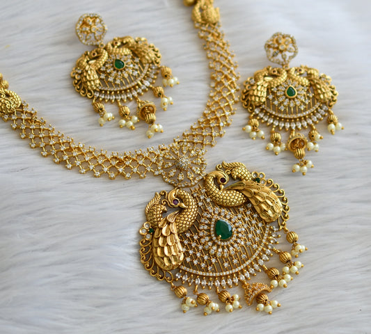 Matte finish cz ruby-green-white peacock necklace set dj-45688
