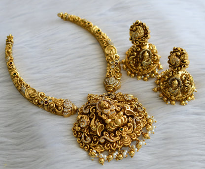 Antique gold tone kemp-green-cz white lakshmi gold replica hasli necklace set dj-45689