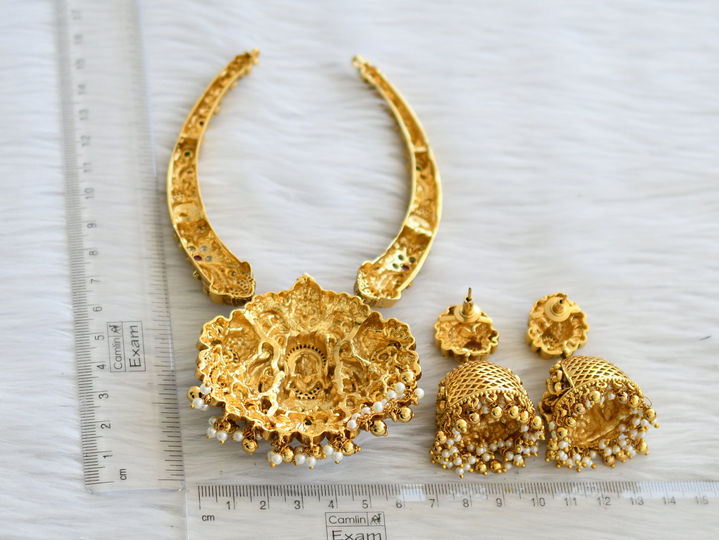 Antique gold tone kemp-green-cz white lakshmi gold replica kante hasli necklace set dj-45689