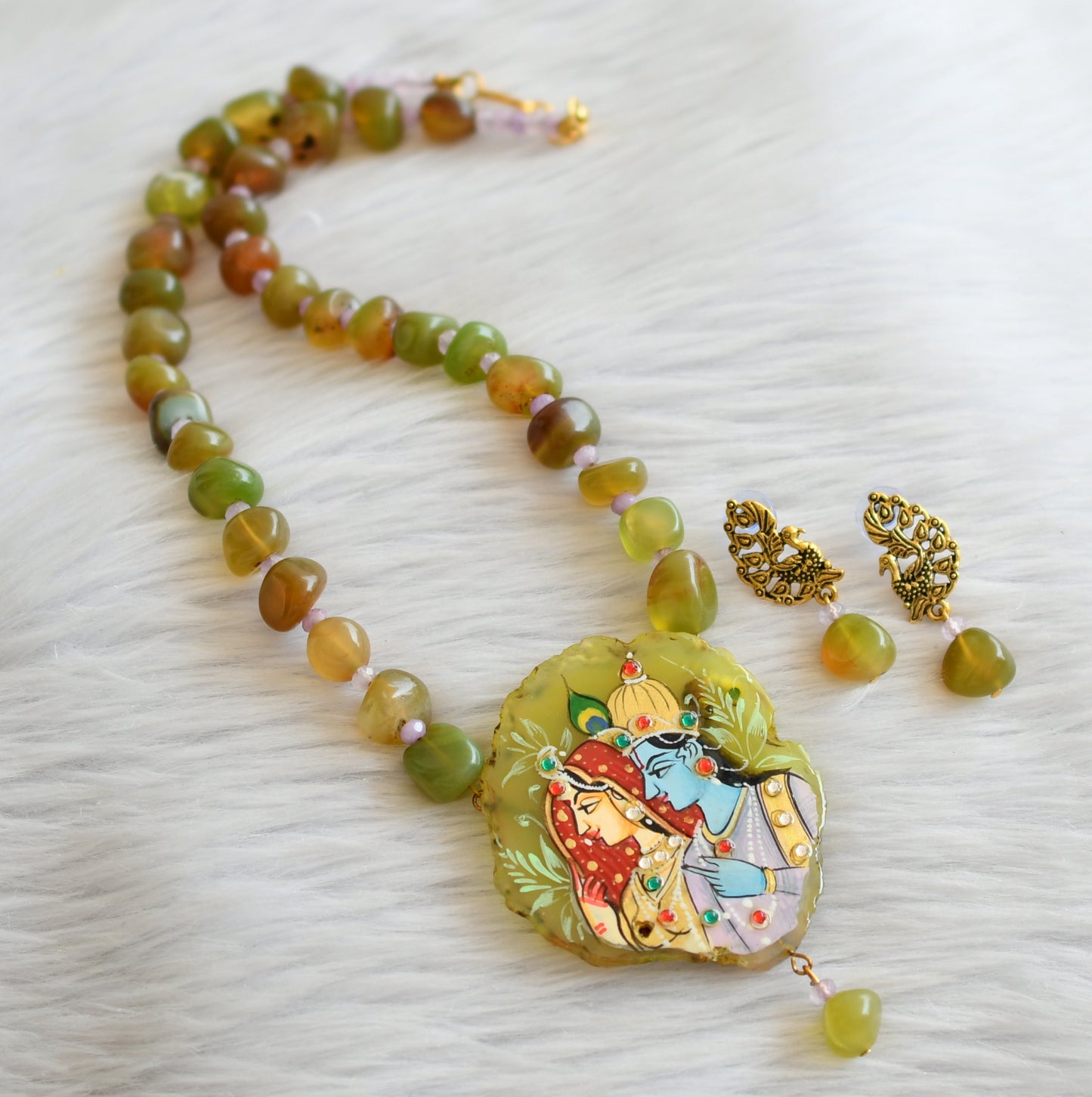 Hand painted radha-krishna sliced agate pendant with green-purple onyx beaded necklace set dj-45662