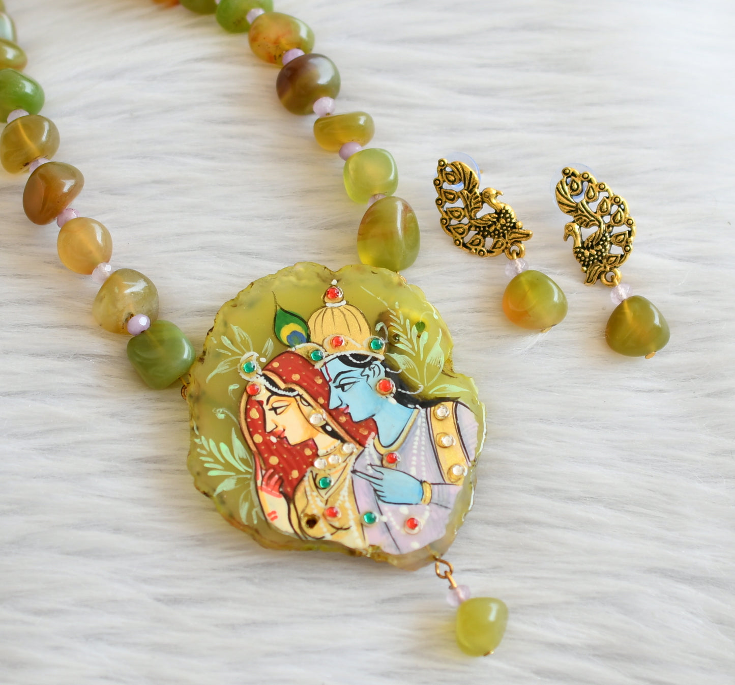 Hand painted radha-krishna sliced agate pendant with green-purple onyx beaded necklace set dj-45662