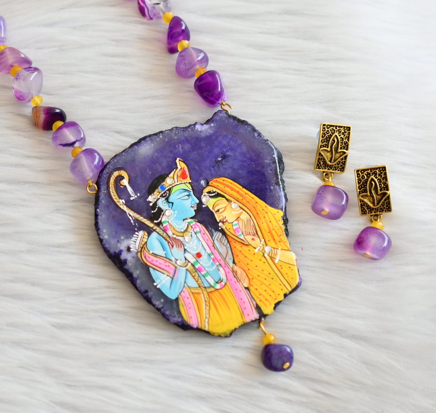 Hand painted ram-sita sliced agate pendant with purple-yellow onyx beaded necklace set dj-45672