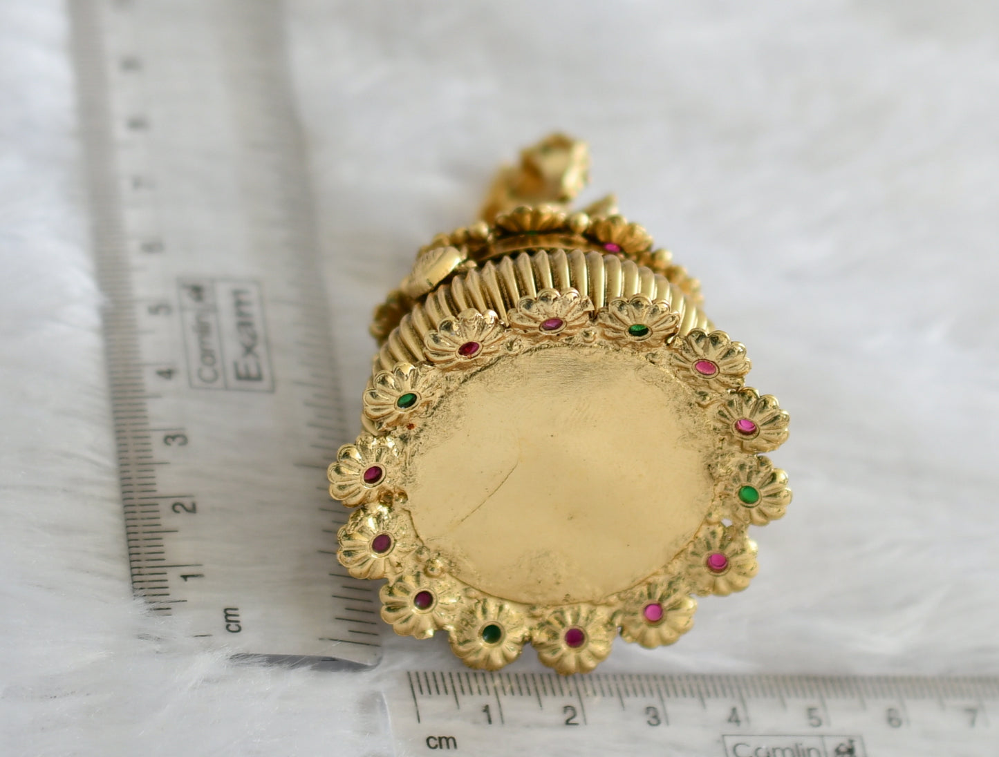Antique gold tone kemp-green radha-krishna flower kumkum box dj-47362