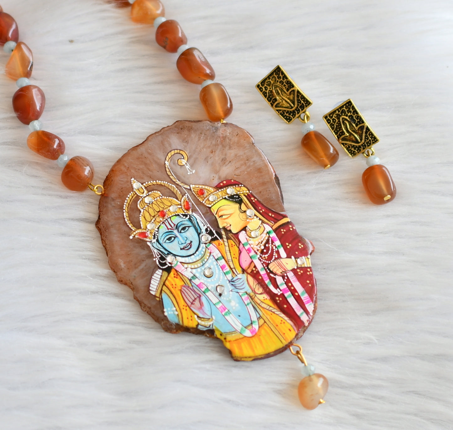 Hand painted ram-sita sliced agate pendant with brown onyx beaded necklace set dj-45674