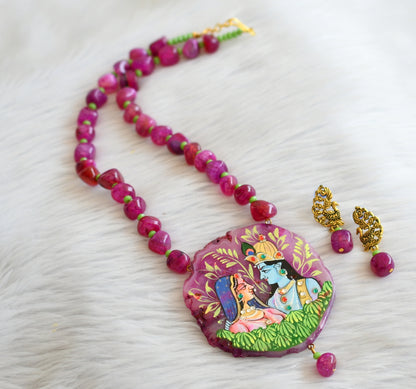 Hand painted radha-krishna sliced agate pendant with pink-green onyx beaded necklace set dj-45661