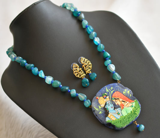 Hand painted radha-krishna sliced agate pendant with blue onyx beaded necklace set dj-45659