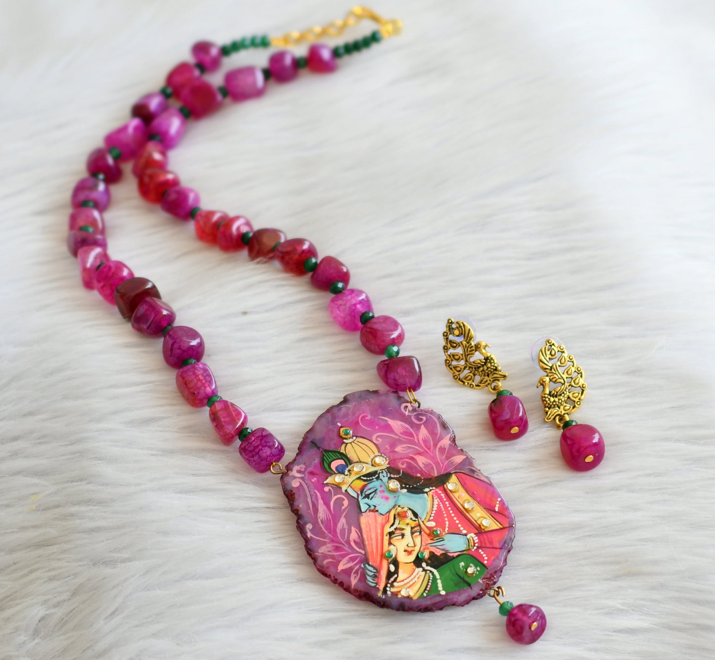 Hand painted radha-krishna sliced agate pendant with pink-green onyx beaded necklace set dj-45663