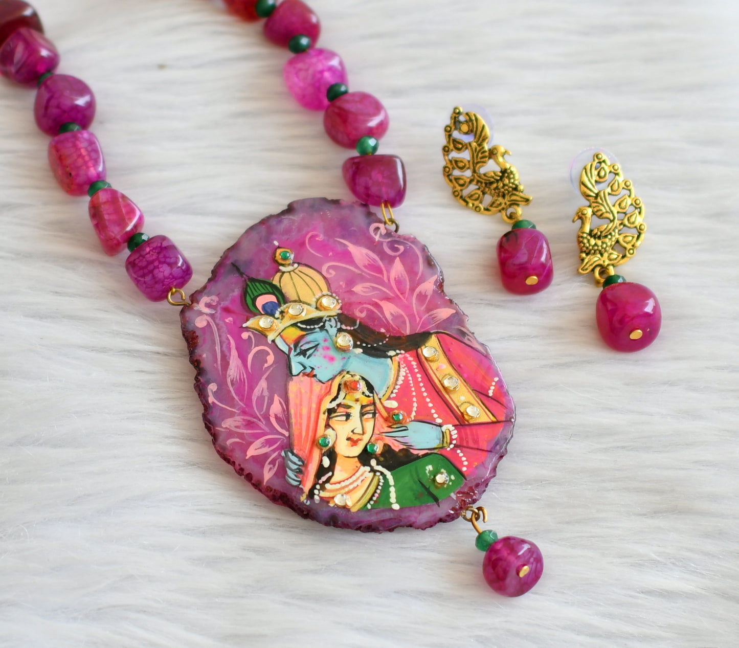 Hand painted radha-krishna sliced agate pendant with pink-green onyx beaded necklace set dj-45663