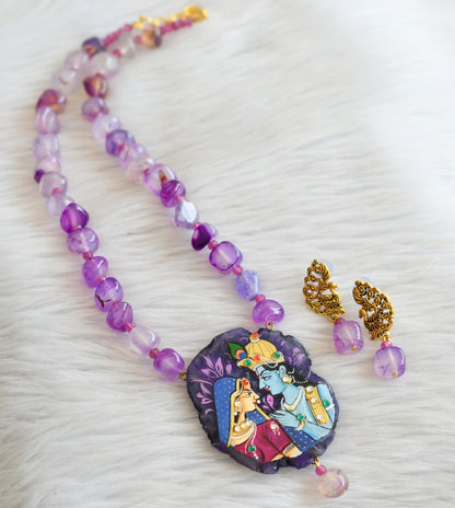 Hand painted radha-krishna sliced agate pendant with purple onyx beaded necklace set dj-45660