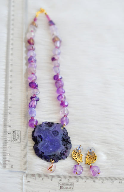 Hand painted radha-krishna sliced agate pendant with purple onyx beaded necklace set dj-45660