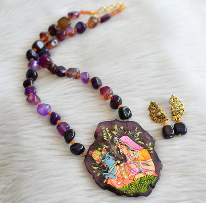 Hand painted radha-krishna sliced agate pendant with purple-orange onyx beaded necklace set dj-45658