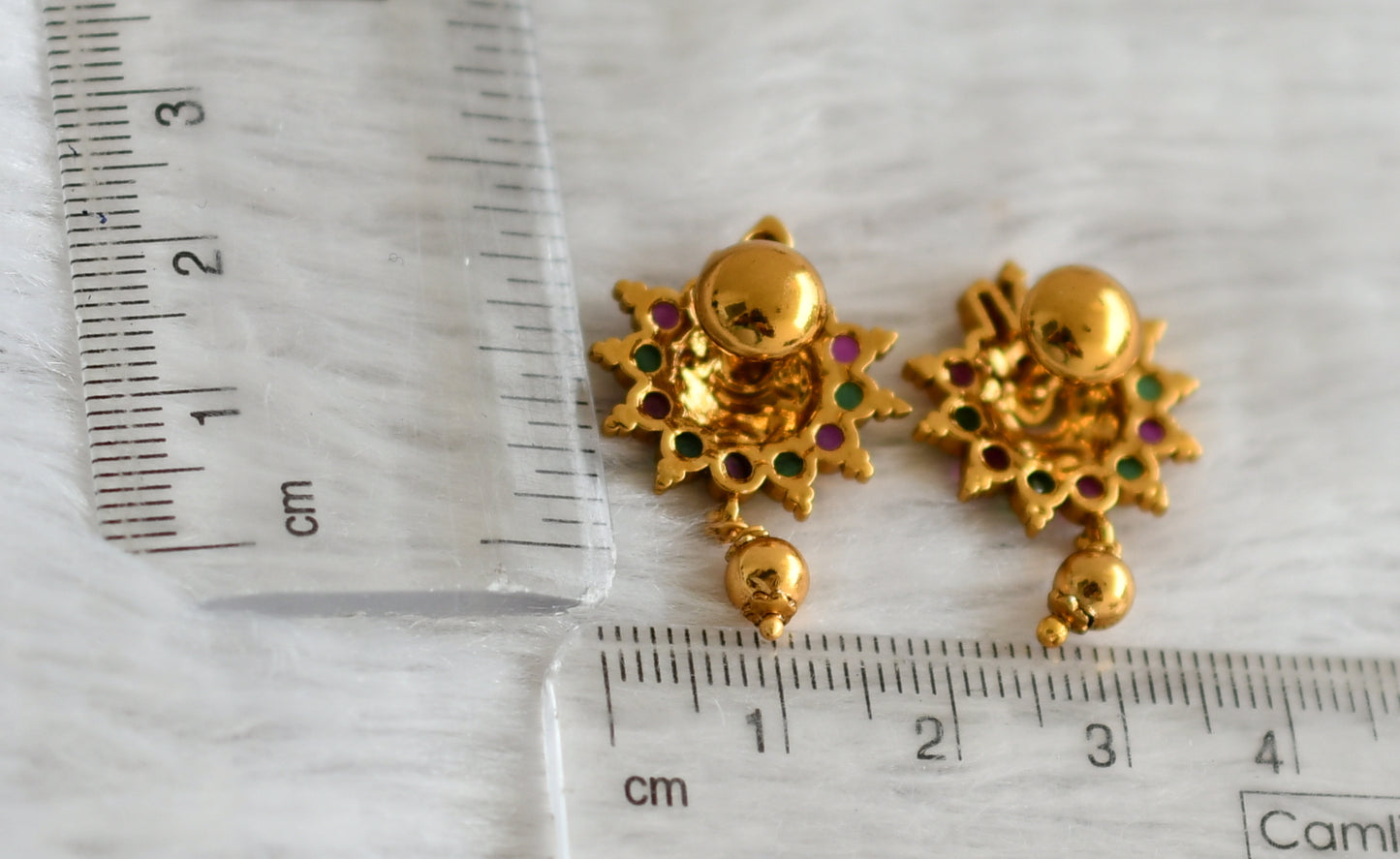Matte finish kemp-green Thirumal-nama mismatch screw back earrings dj-49172