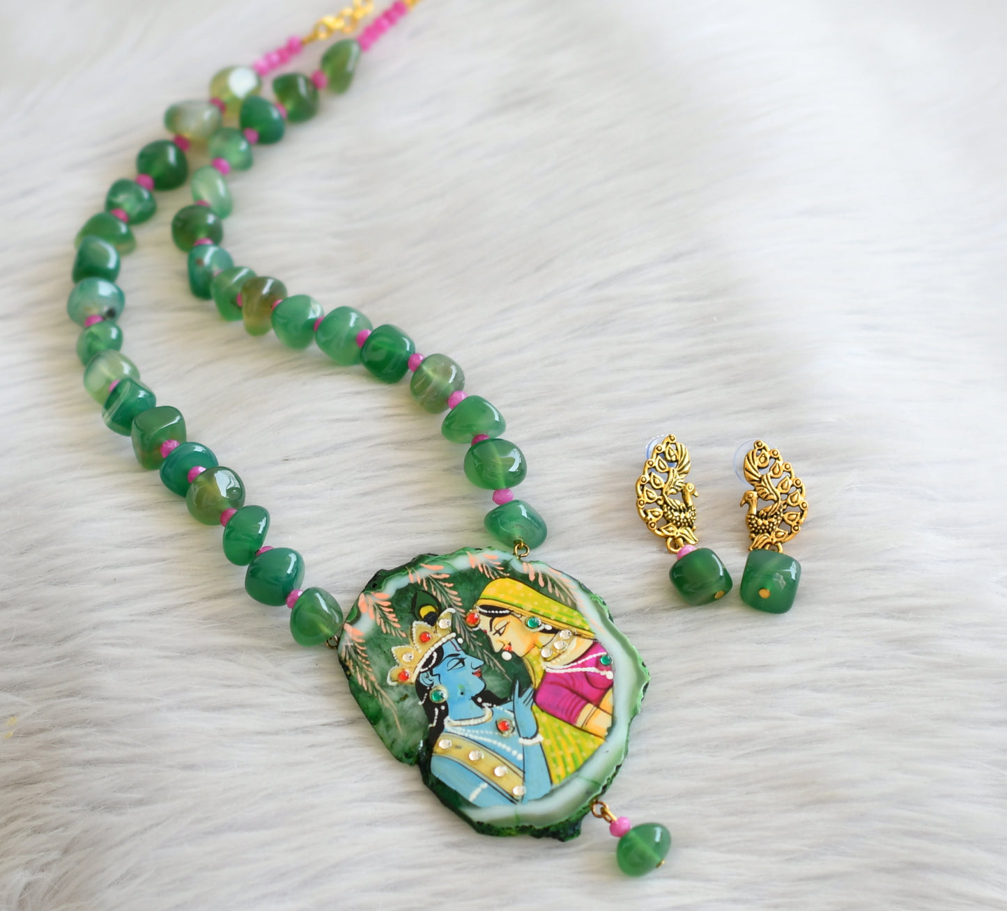 Hand painted radha-krishna sliced agate pendant with green-pink onyx beaded necklace set dj-45664