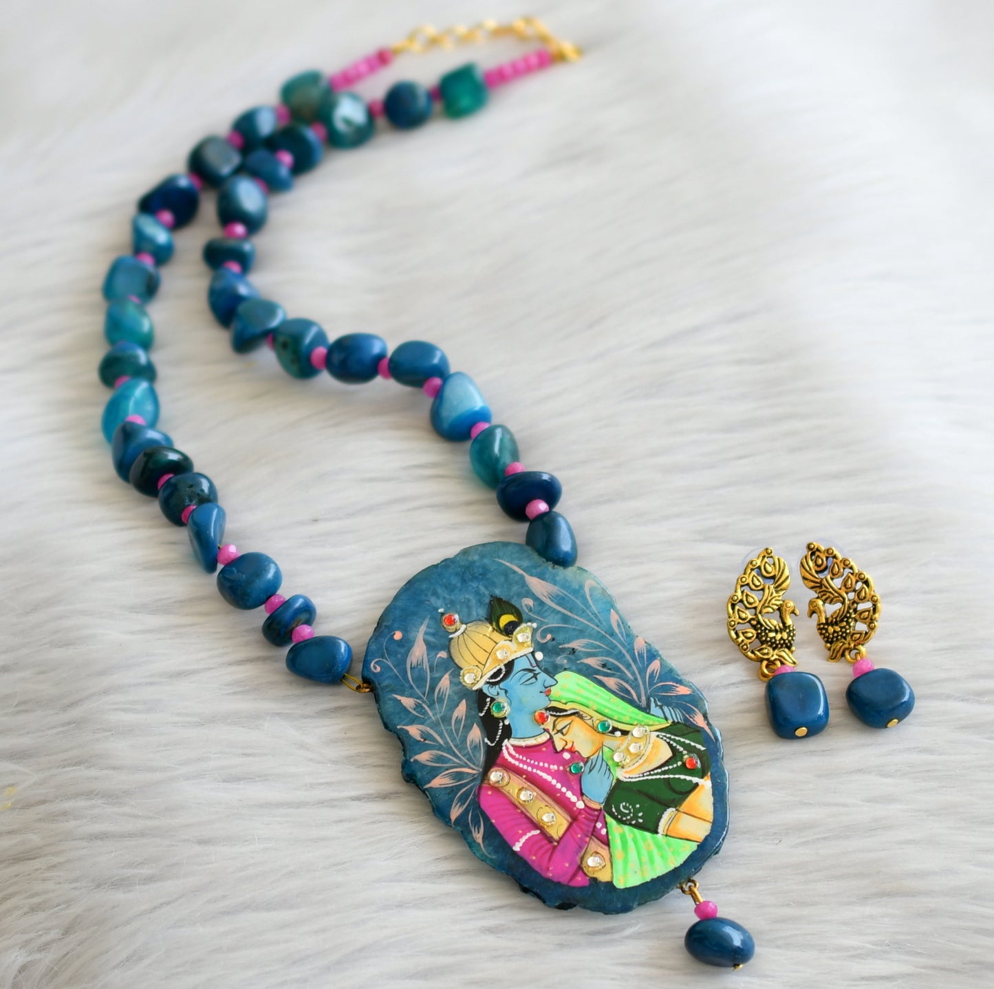 Hand painted radha-krishna sliced agate pendant with blue-pink onyx beaded necklace set dj-45665