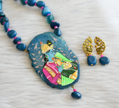 Hand painted radha-krishna sliced agate pendant with blue-pink onyx beaded necklace set dj-45665