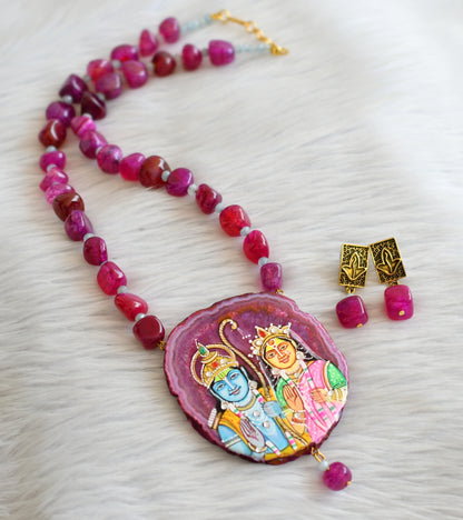 Hand painted ram-sita sliced agate pendant with pink onyx beaded necklace set dj-45671