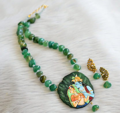 Hand painted radha-krishna sliced agate pendant with green onyx beaded necklace set dj-45668