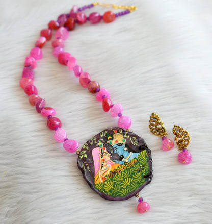 Hand painted radha-krishna sliced agate pendant with pink-purple onyx beaded necklace set dj-45666