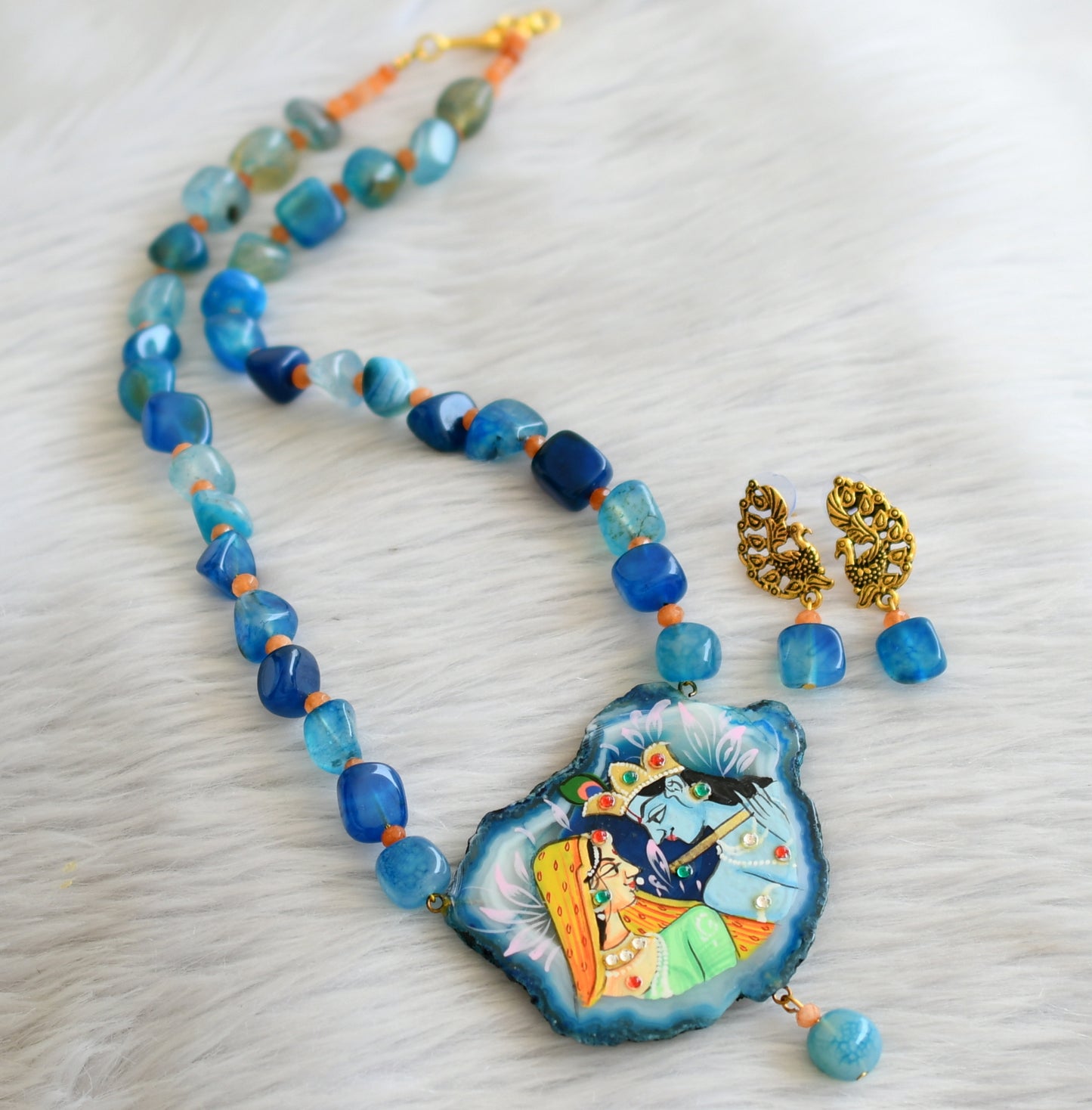 Hand painted radha-krishna sliced agate pendant with blue-orange onyx beaded necklace set dj-45670