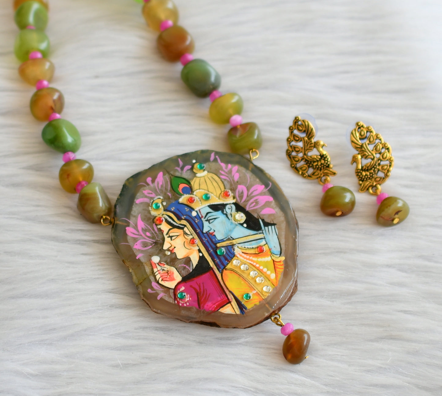 Hand panted radha-krishna sliced agate pendant with green-pink onyx beaded necklace set dj-45669