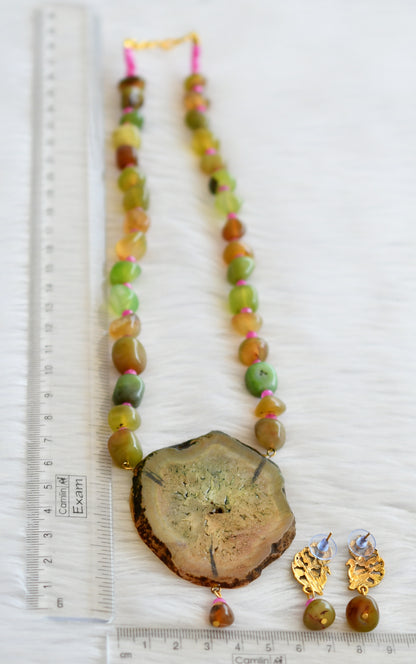 Hand panted radha-krishna sliced agate pendant with green-pink onyx beaded necklace set dj-45669