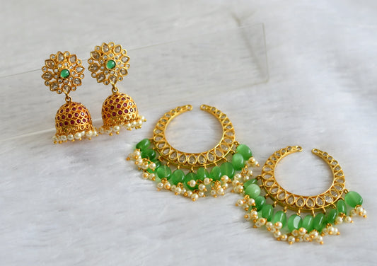 Gold tone 2 in 1 ruby-emerald-white bali flower jhumkka dj-34231
