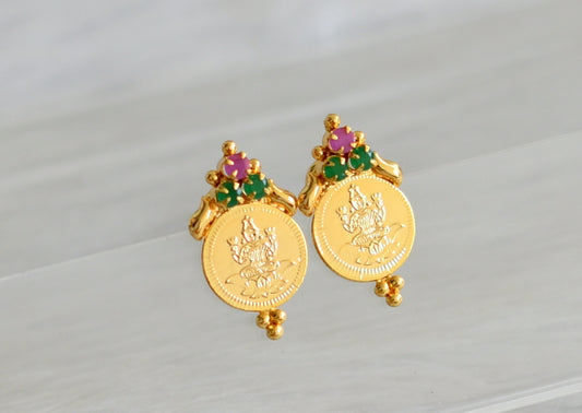 Gold tone ruby-green lakshmi coin earrings dj-43949
