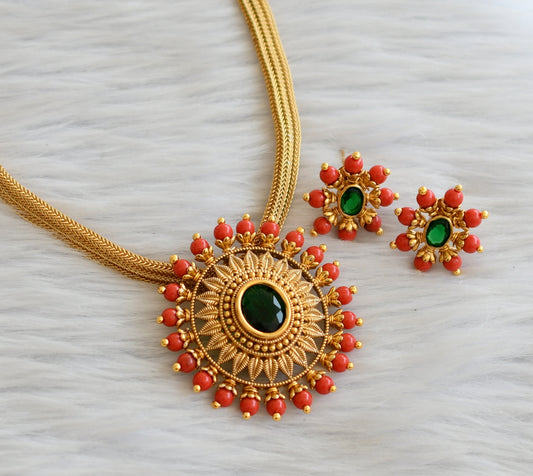Matte finish coral-green oval necklace set dj-45696