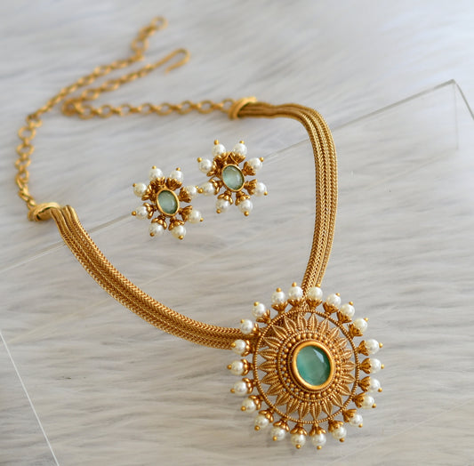 Matte finish sea green-pearl oval necklace set dj-45698