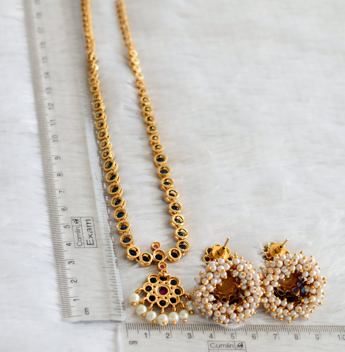 Matte finish blue-kemp pearl flower necklace set dj-47380